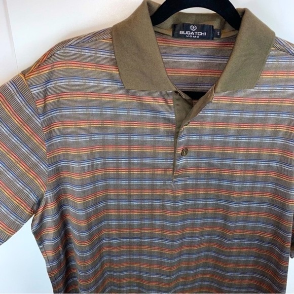 Bugatchi Uomo Brown Multicolour Geometric Check Stripes Short Sleeve Polo sz S - Picture 2 of 7